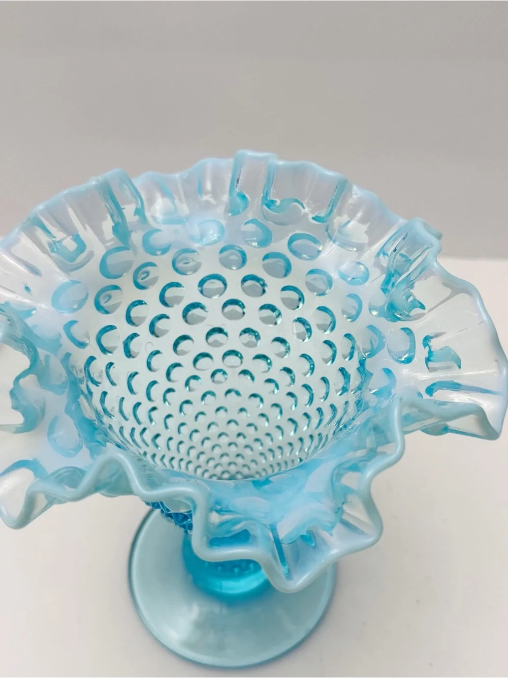 Vintage Fenton Glass Aqua Blue Opalescent Hobnail Ruffled Vase 7 7/8”